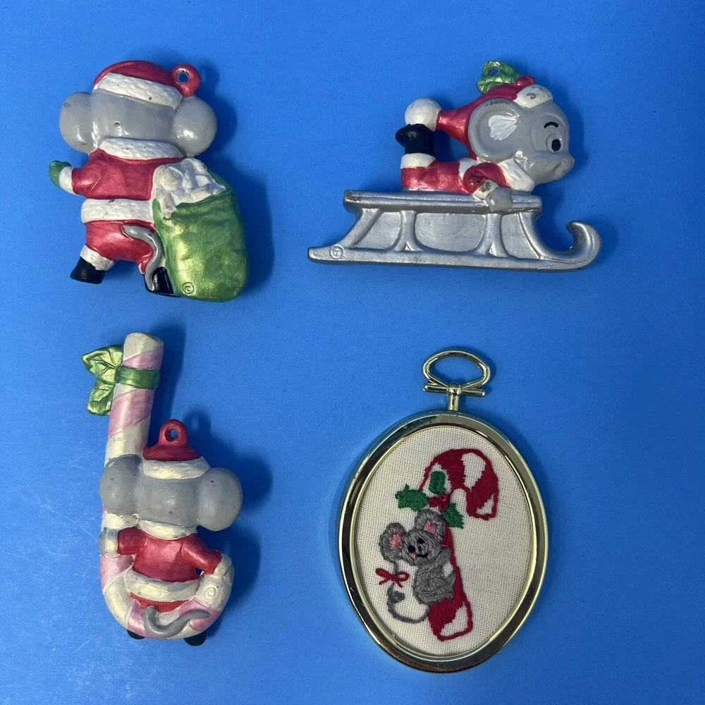 Vintage Christmas Mouse Mice Ceramic Ornaments Hand Painted Lot of 4 Collectible